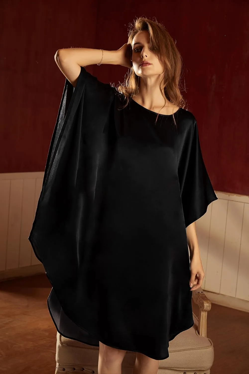 100% Pure Mulberry Silk Batwing Tunic Dress/Luxury Nightgown Plus Size 2-in-1 Design, Plus Size and Oversized
