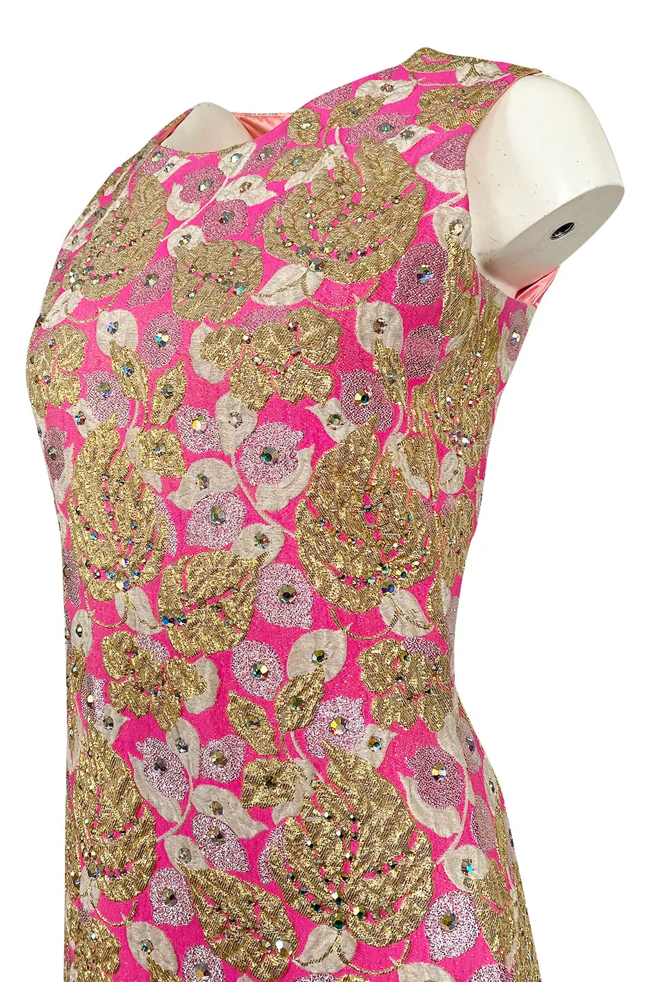 1960s Kiki Hart Silver, Gold & Pink Silk Brocade Dress w Rhinestone Detailing