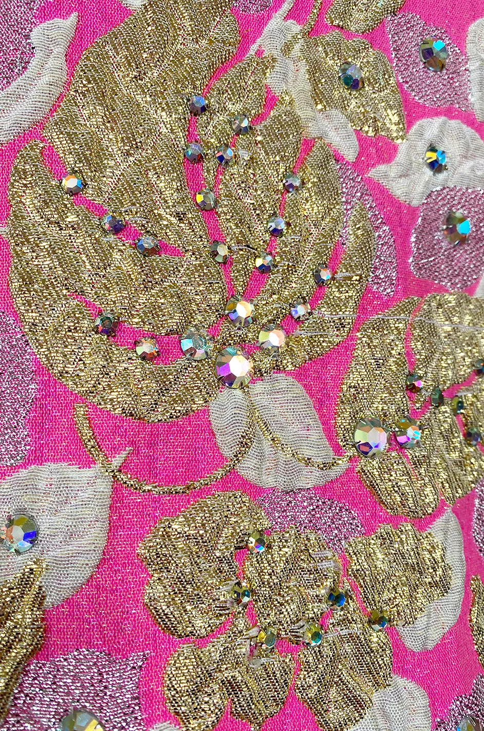 1960s Kiki Hart Silver, Gold & Pink Silk Brocade Dress w Rhinestone Detailing