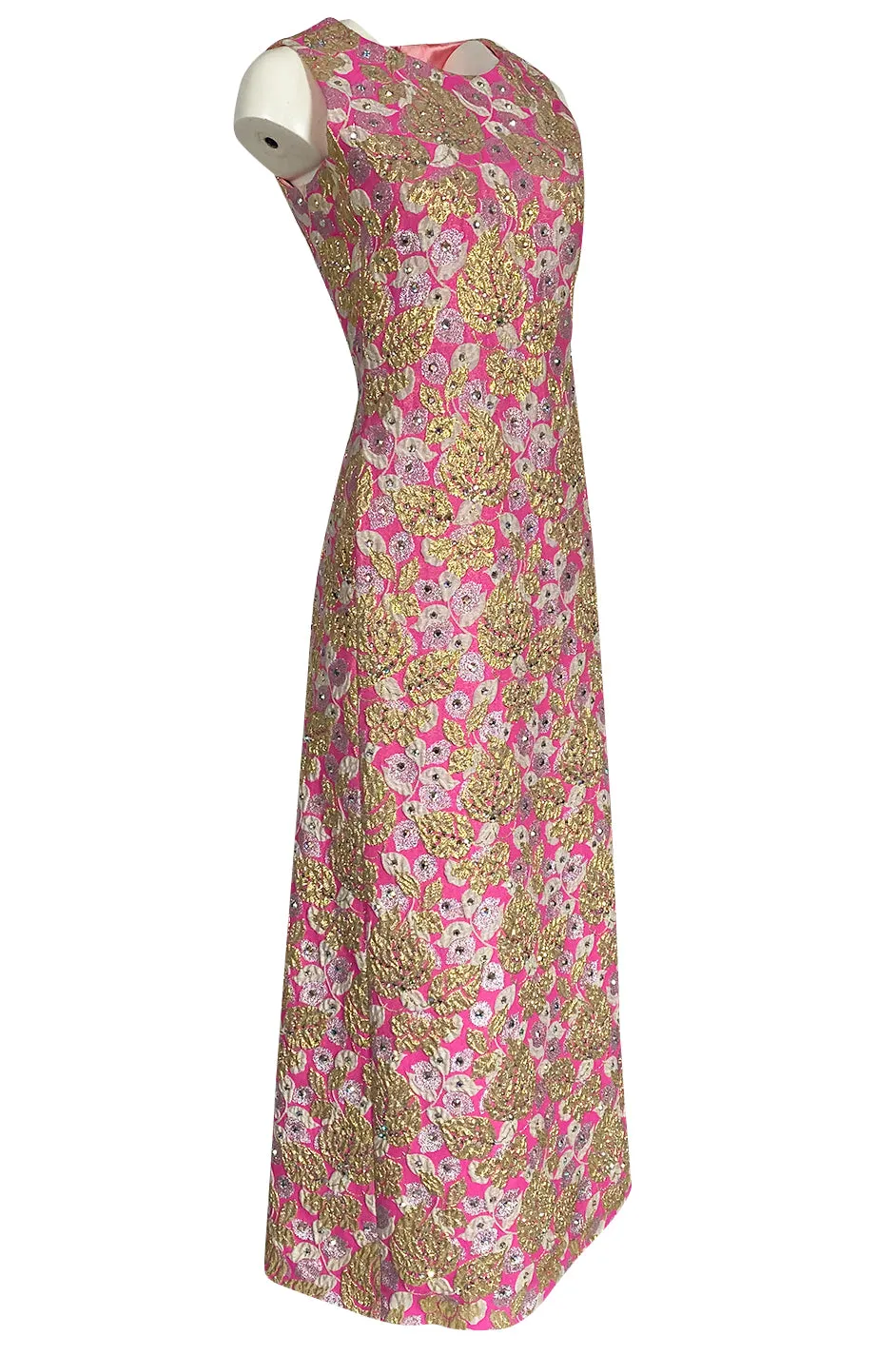 1960s Kiki Hart Silver, Gold & Pink Silk Brocade Dress w Rhinestone Detailing