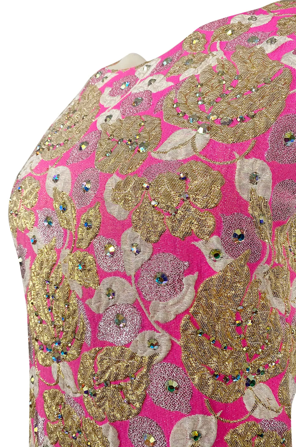 1960s Kiki Hart Silver, Gold & Pink Silk Brocade Dress w Rhinestone Detailing
