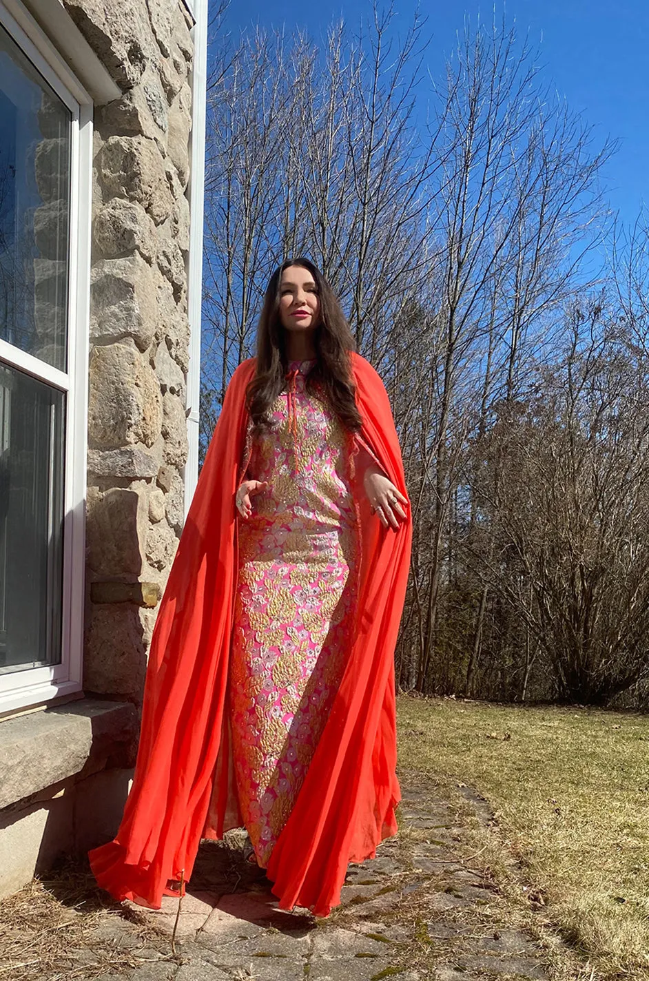 1960s Kiki Hart Silver, Gold & Pink Silk Brocade Dress w Rhinestone Detailing