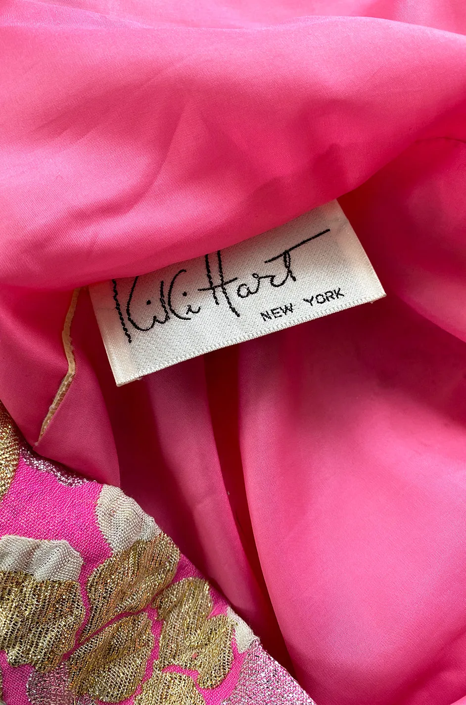 1960s Kiki Hart Silver, Gold & Pink Silk Brocade Dress w Rhinestone Detailing