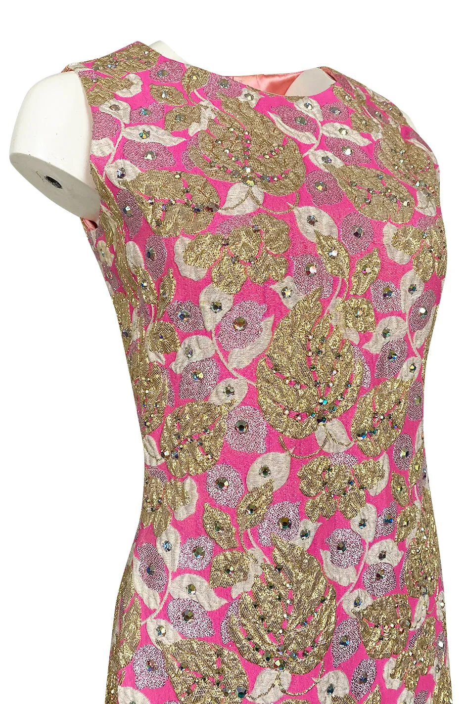 1960s Kiki Hart Silver, Gold & Pink Silk Brocade Dress w Rhinestone Detailing