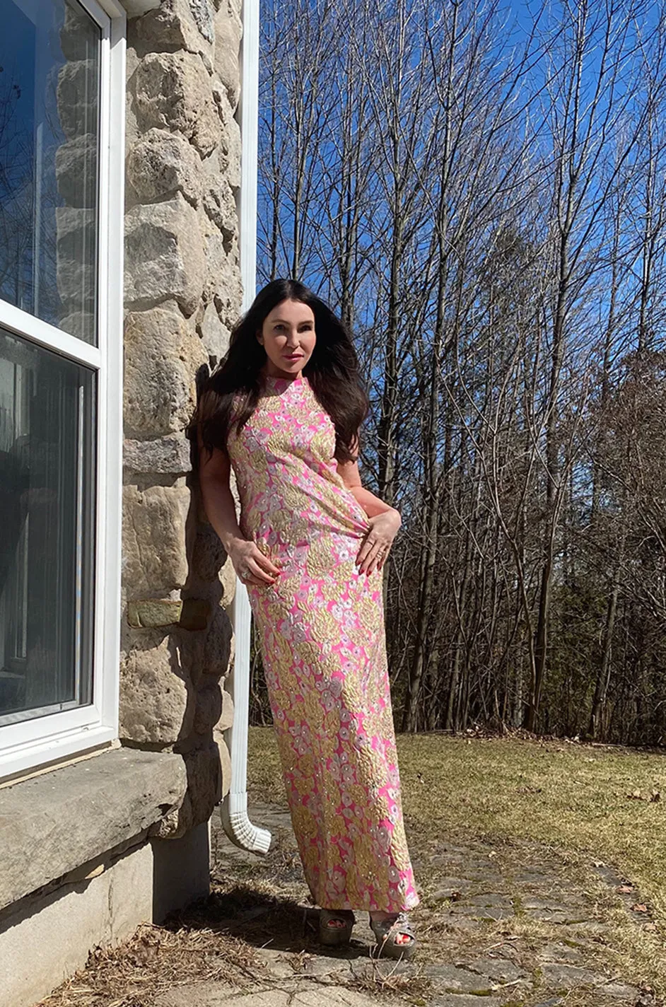 1960s Kiki Hart Silver, Gold & Pink Silk Brocade Dress w Rhinestone Detailing