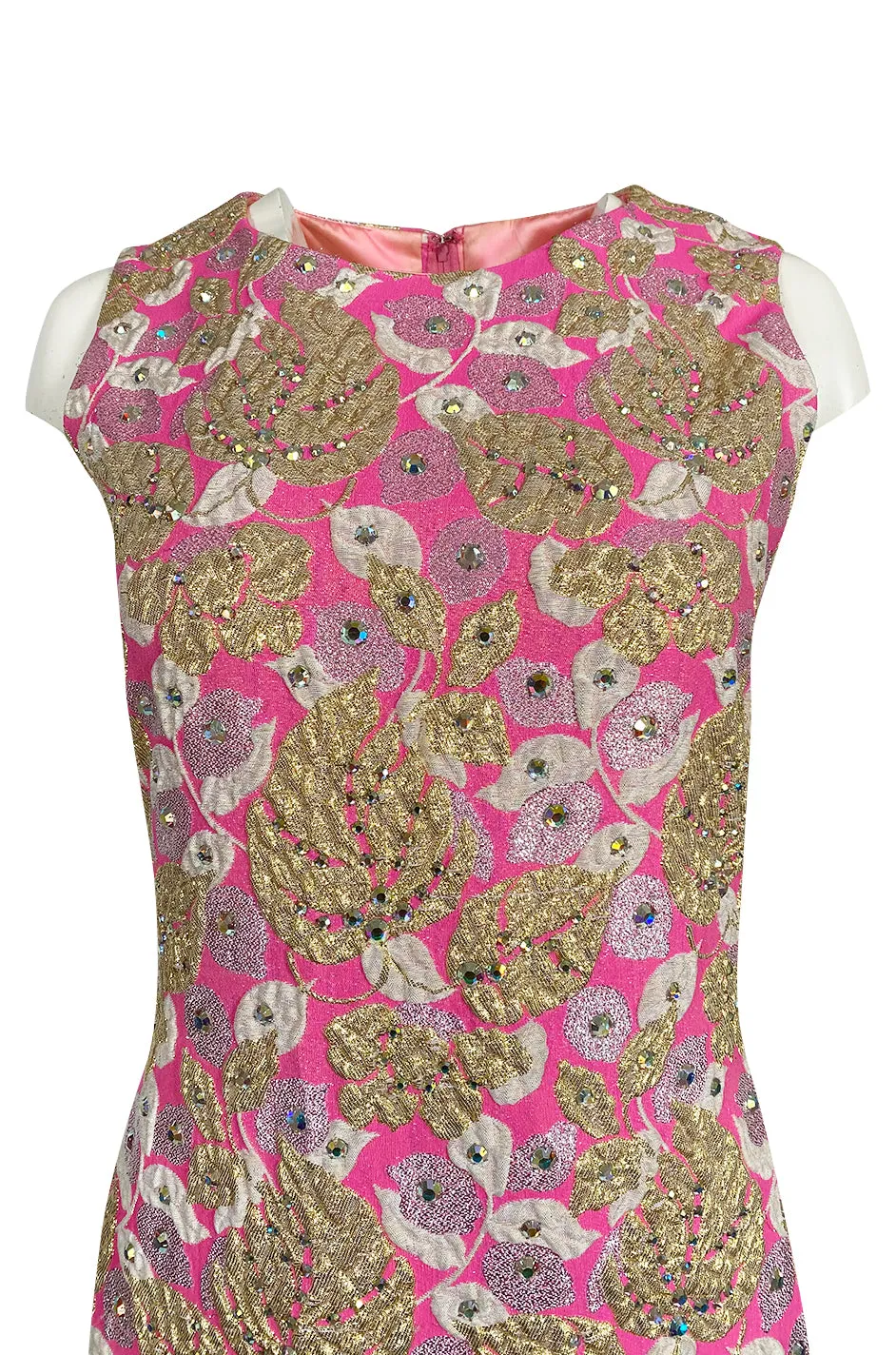 1960s Kiki Hart Silver, Gold & Pink Silk Brocade Dress w Rhinestone Detailing