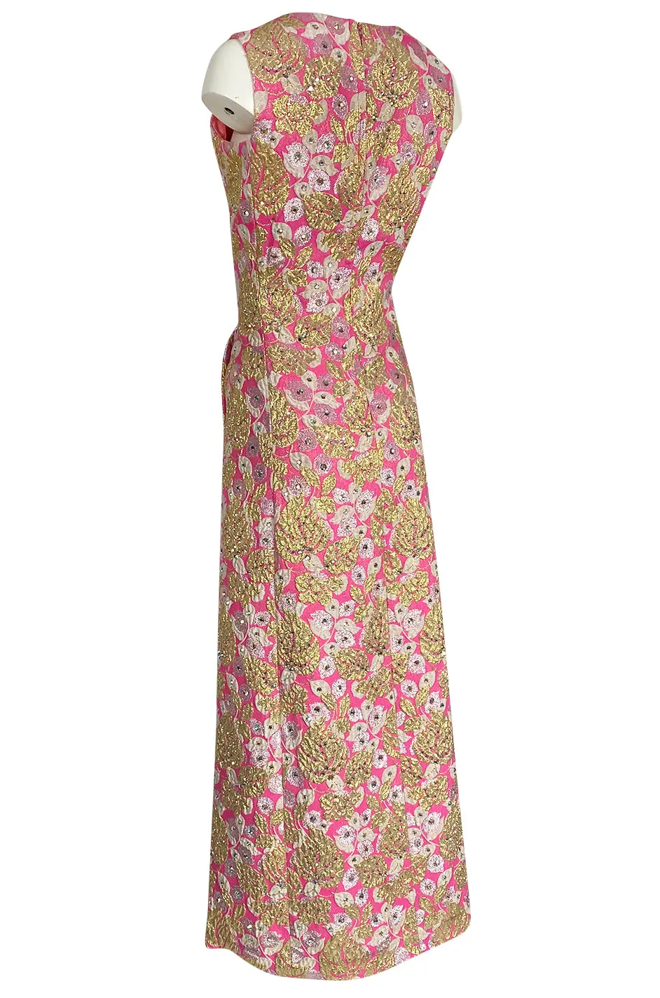 1960s Kiki Hart Silver, Gold & Pink Silk Brocade Dress w Rhinestone Detailing
