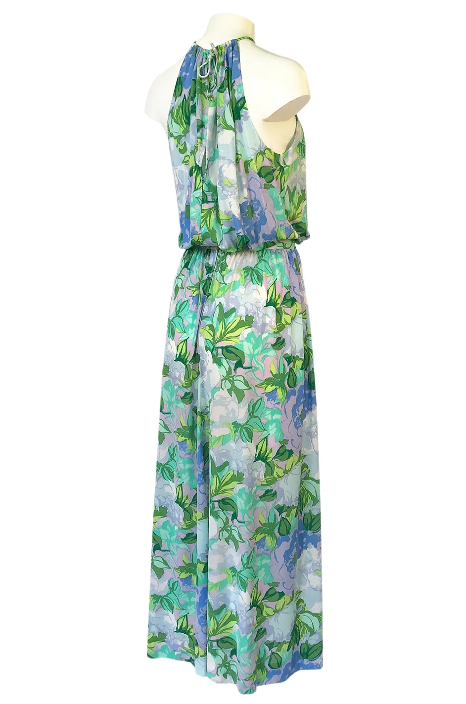 1970s Ken Scott Green Floral & Leaf Print Jersey Halter Dress