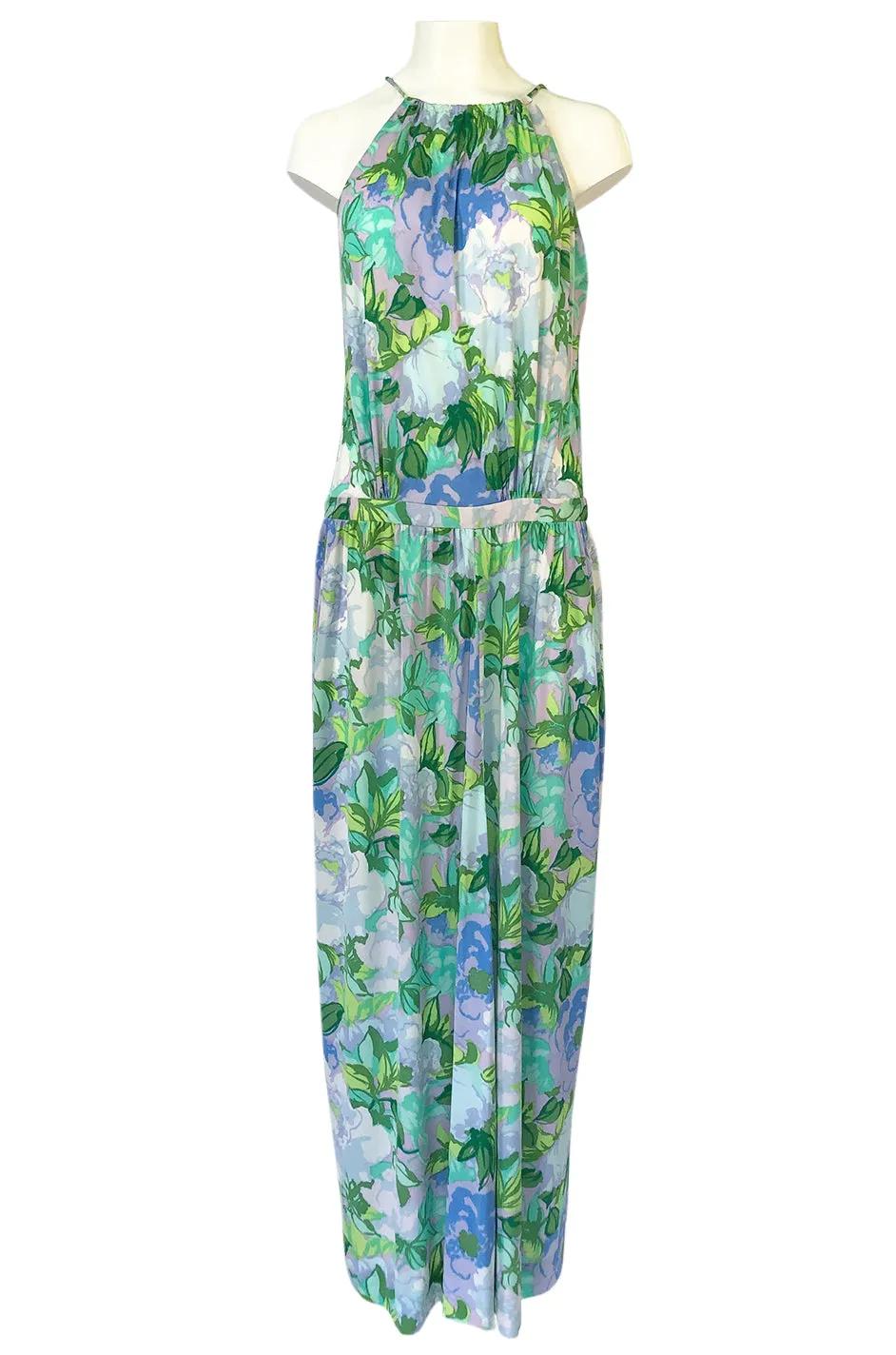 1970s Ken Scott Green Floral & Leaf Print Jersey Halter Dress