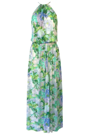 1970s Ken Scott Green Floral & Leaf Print Jersey Halter Dress
