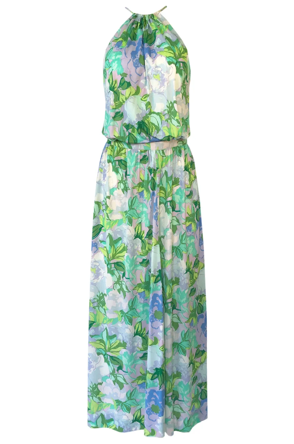 1970s Ken Scott Green Floral & Leaf Print Jersey Halter Dress