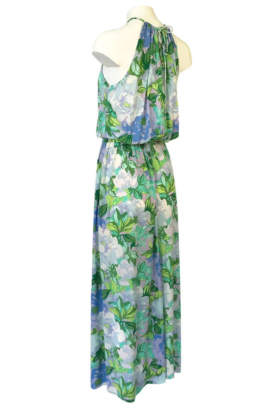 1970s Ken Scott Green Floral & Leaf Print Jersey Halter Dress