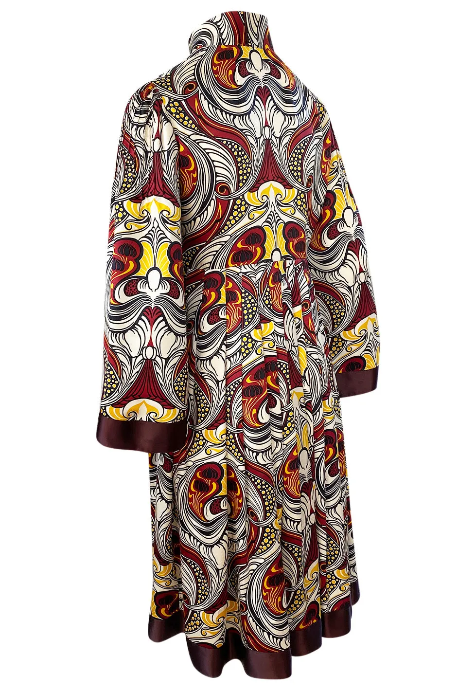 1972 Jean Muir Abstract Printed Silk Satin Dress w Pin Tuck Detailed Bodice