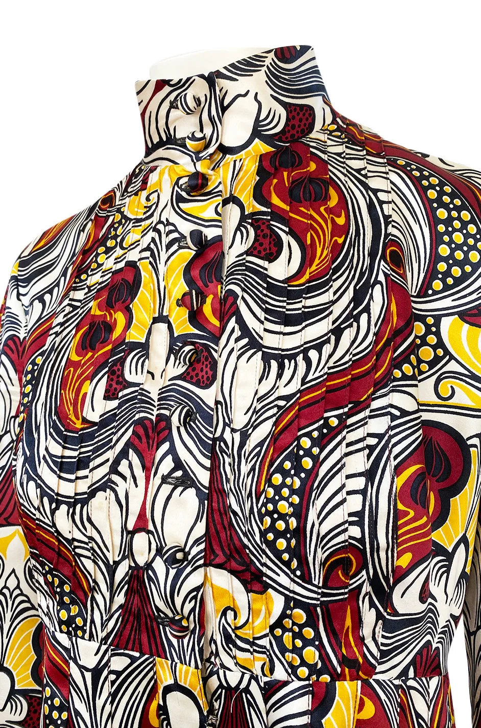 1972 Jean Muir Abstract Printed Silk Satin Dress w Pin Tuck Detailed Bodice