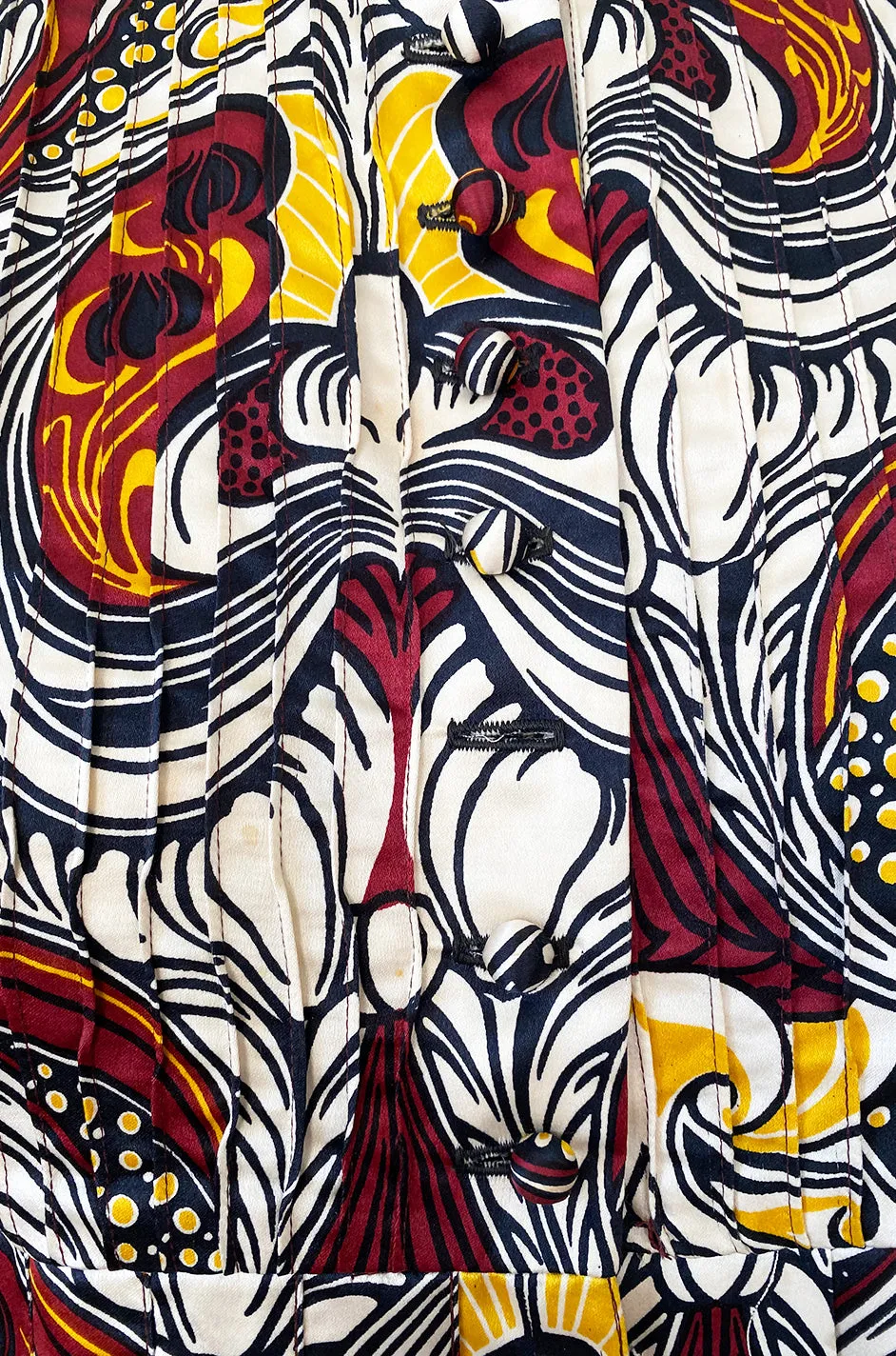 1972 Jean Muir Abstract Printed Silk Satin Dress w Pin Tuck Detailed Bodice