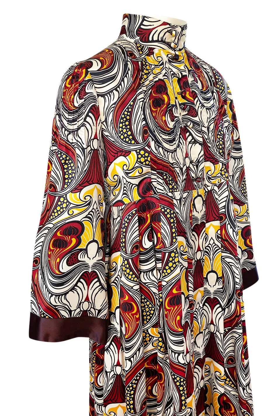 1972 Jean Muir Abstract Printed Silk Satin Dress w Pin Tuck Detailed Bodice