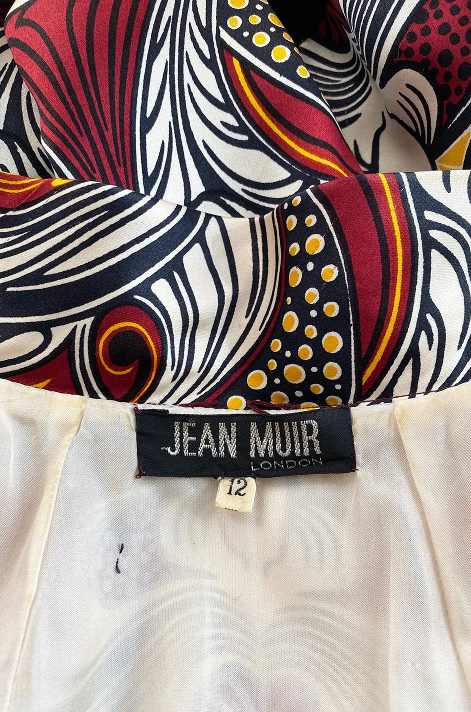 1972 Jean Muir Abstract Printed Silk Satin Dress w Pin Tuck Detailed Bodice