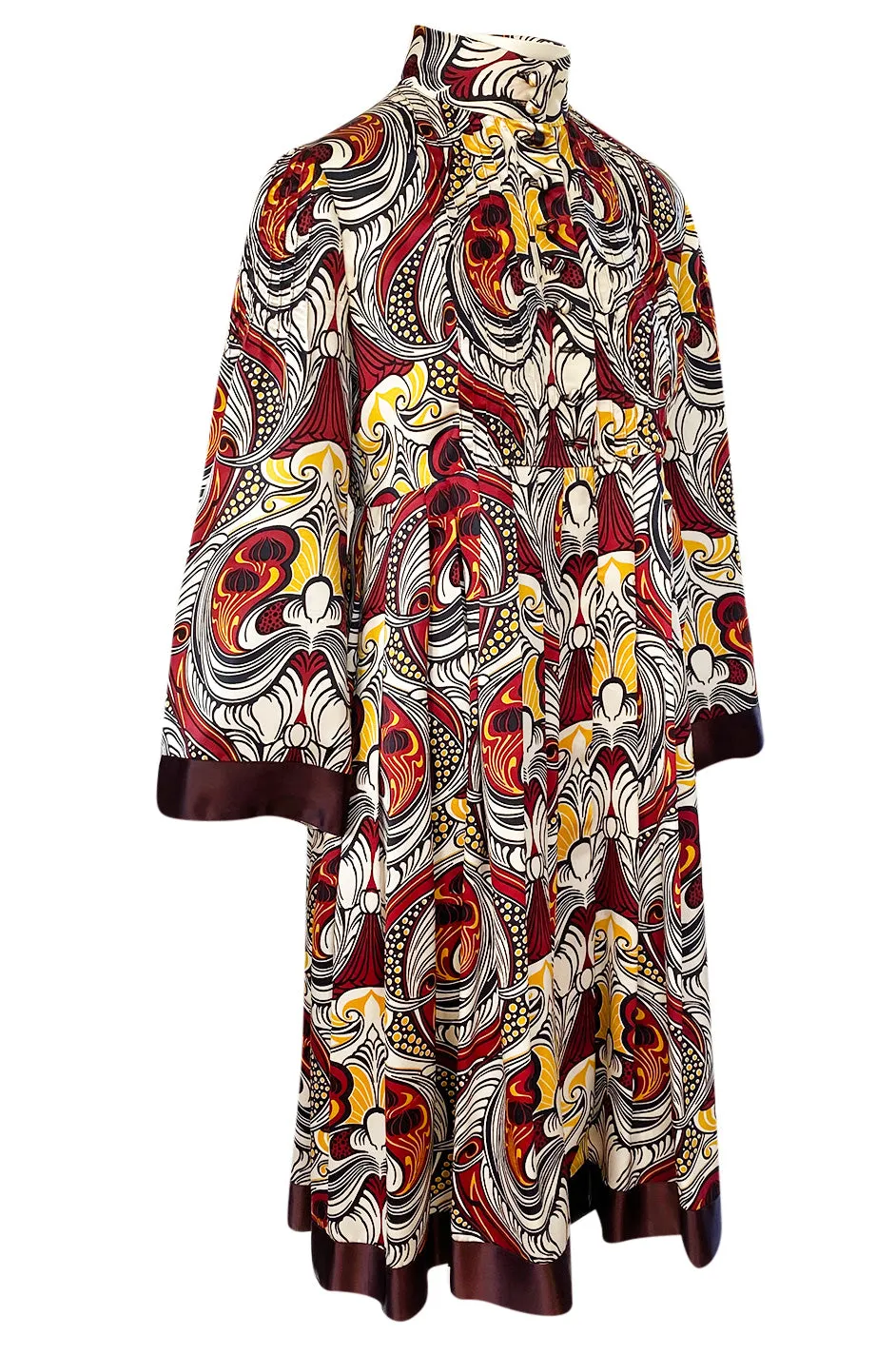 1972 Jean Muir Abstract Printed Silk Satin Dress w Pin Tuck Detailed Bodice