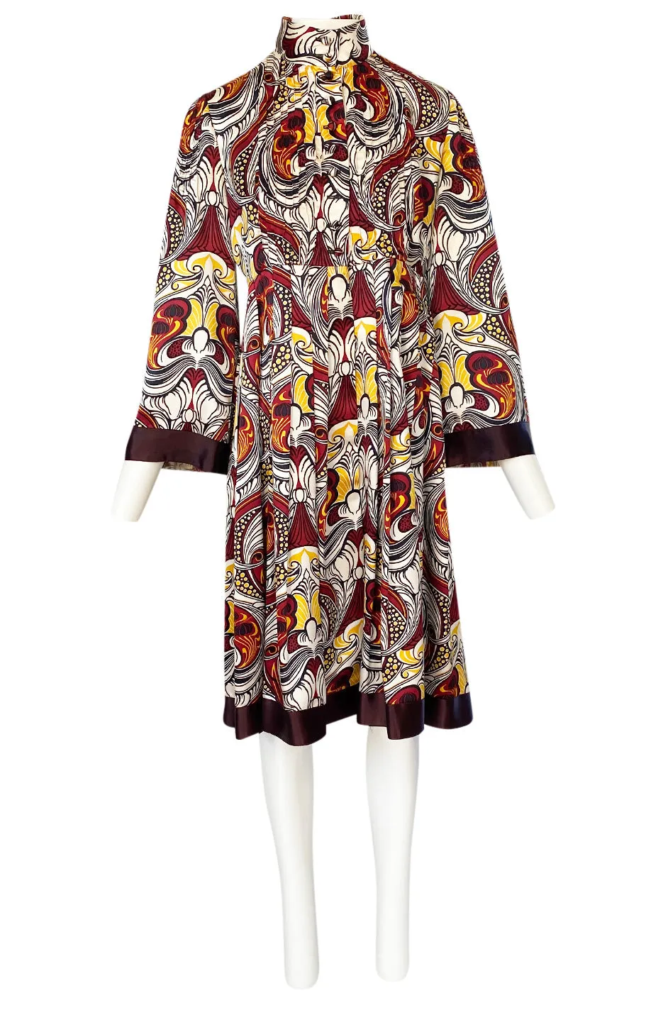 1972 Jean Muir Abstract Printed Silk Satin Dress w Pin Tuck Detailed Bodice