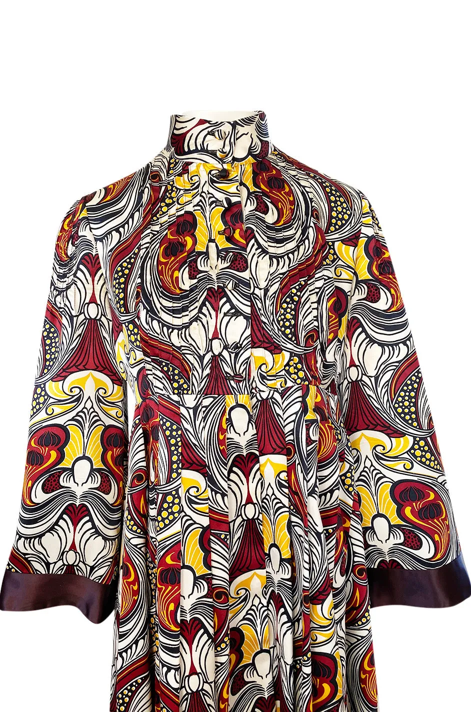 1972 Jean Muir Abstract Printed Silk Satin Dress w Pin Tuck Detailed Bodice