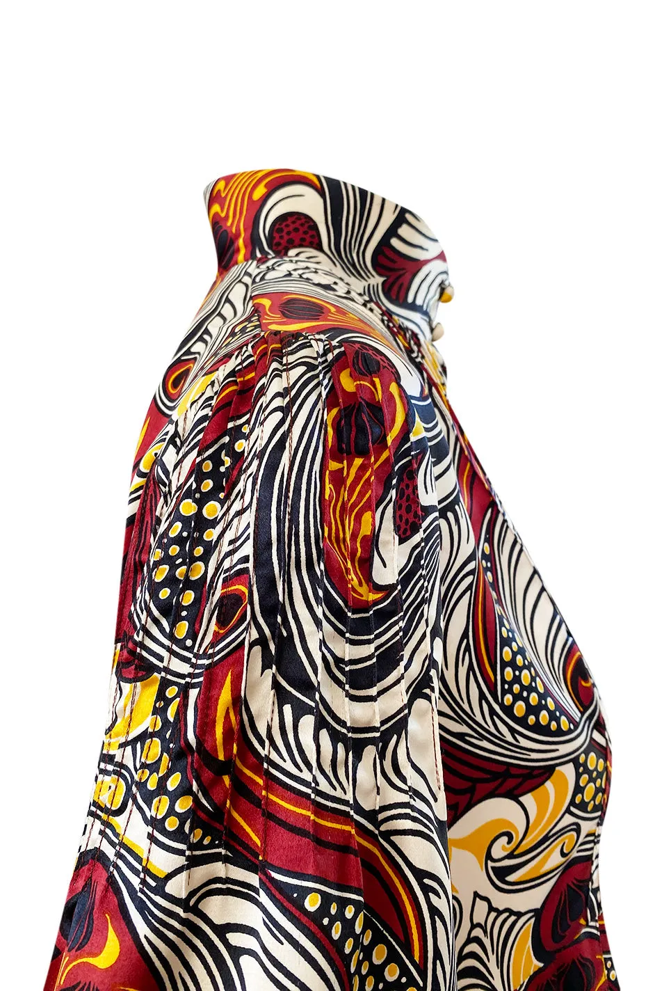 1972 Jean Muir Abstract Printed Silk Satin Dress w Pin Tuck Detailed Bodice