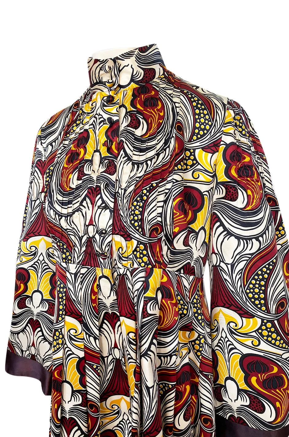 1972 Jean Muir Abstract Printed Silk Satin Dress w Pin Tuck Detailed Bodice