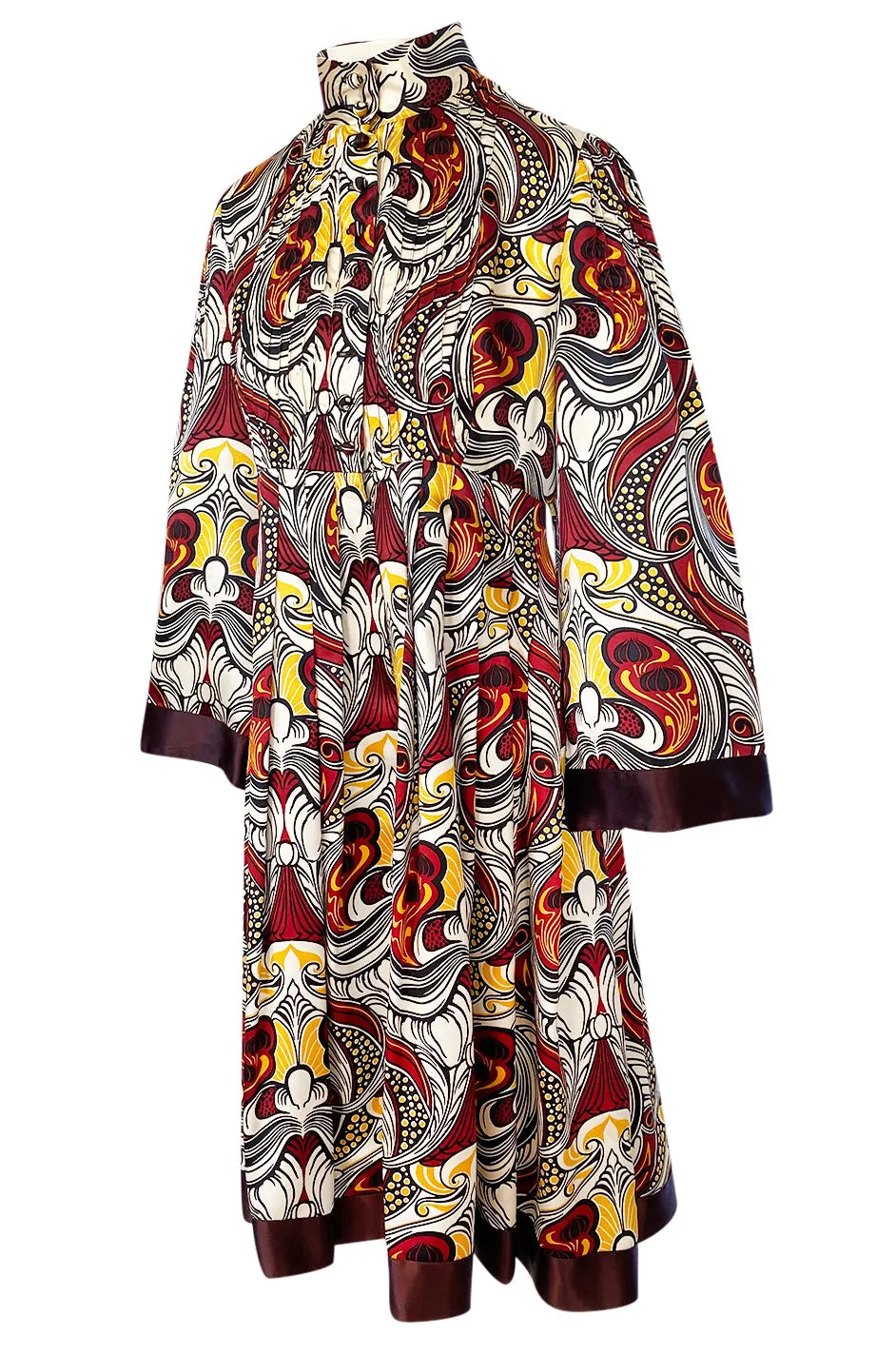 1972 Jean Muir Abstract Printed Silk Satin Dress w Pin Tuck Detailed Bodice
