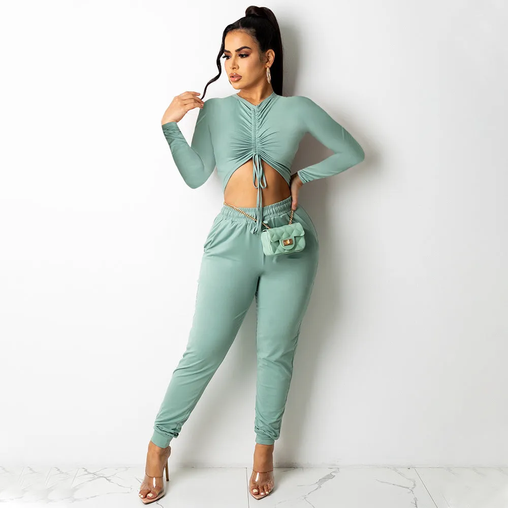 2 Piece Solid Color Drawstring Crop Top And Pant Set Wholesale Fashion Women'S Clothing