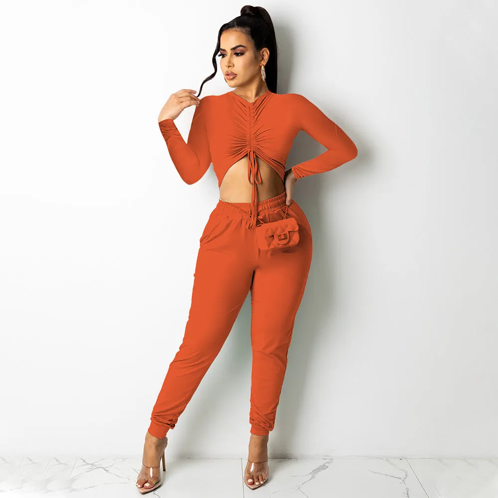 2 Piece Solid Color Drawstring Crop Top And Pant Set Wholesale Fashion Women'S Clothing