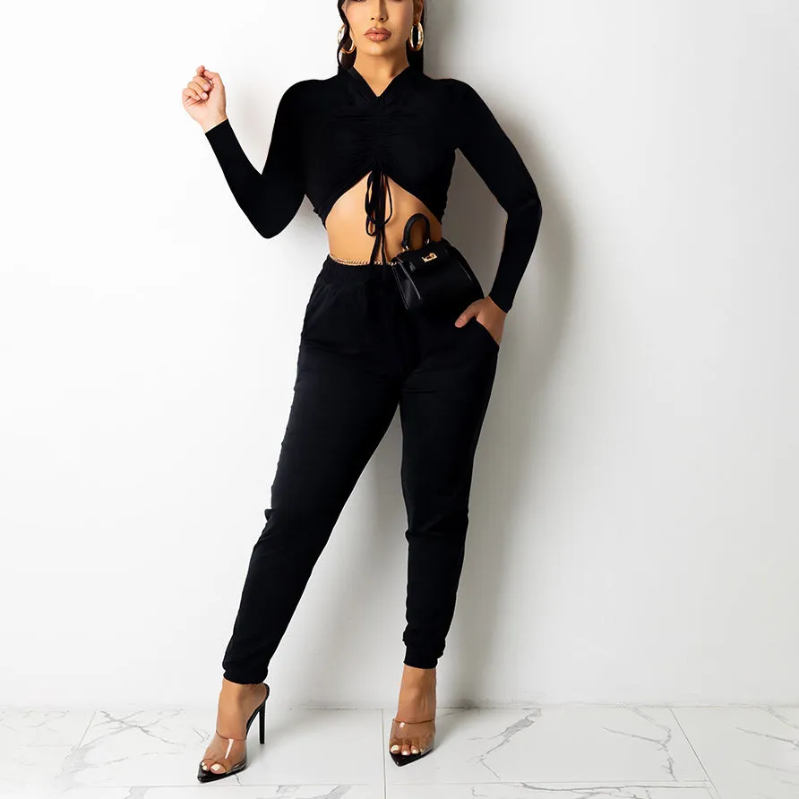 2 Piece Solid Color Drawstring Crop Top And Pant Set Wholesale Fashion Women'S Clothing