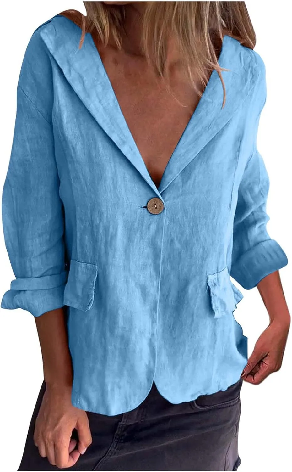 2024 Fall Cotton Linen Blazer Women Long Sleeve Lightweight One Button Cardigan Jackets Business Casual Work Outwear