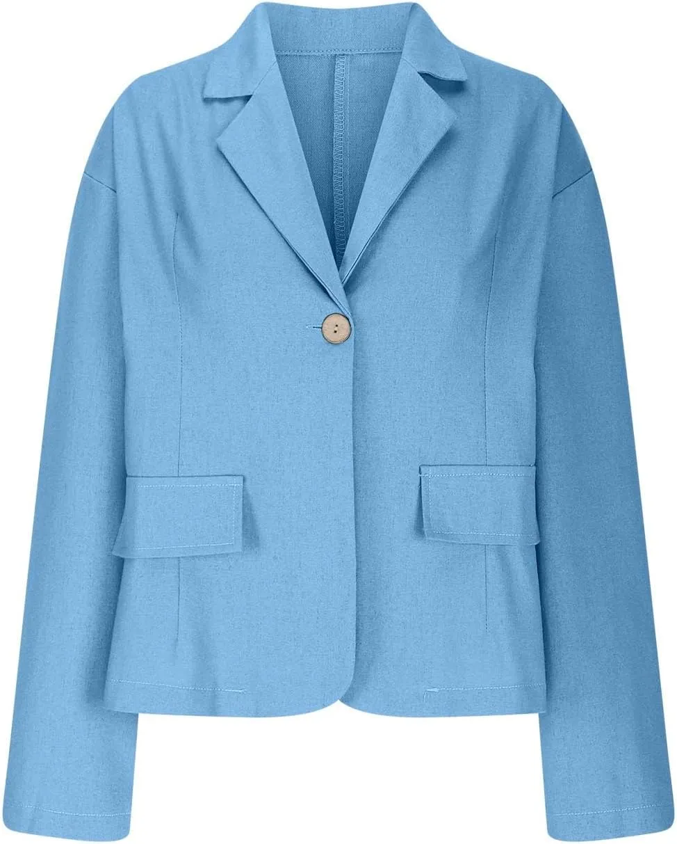 2024 Fall Cotton Linen Blazer Women Long Sleeve Lightweight One Button Cardigan Jackets Business Casual Work Outwear
