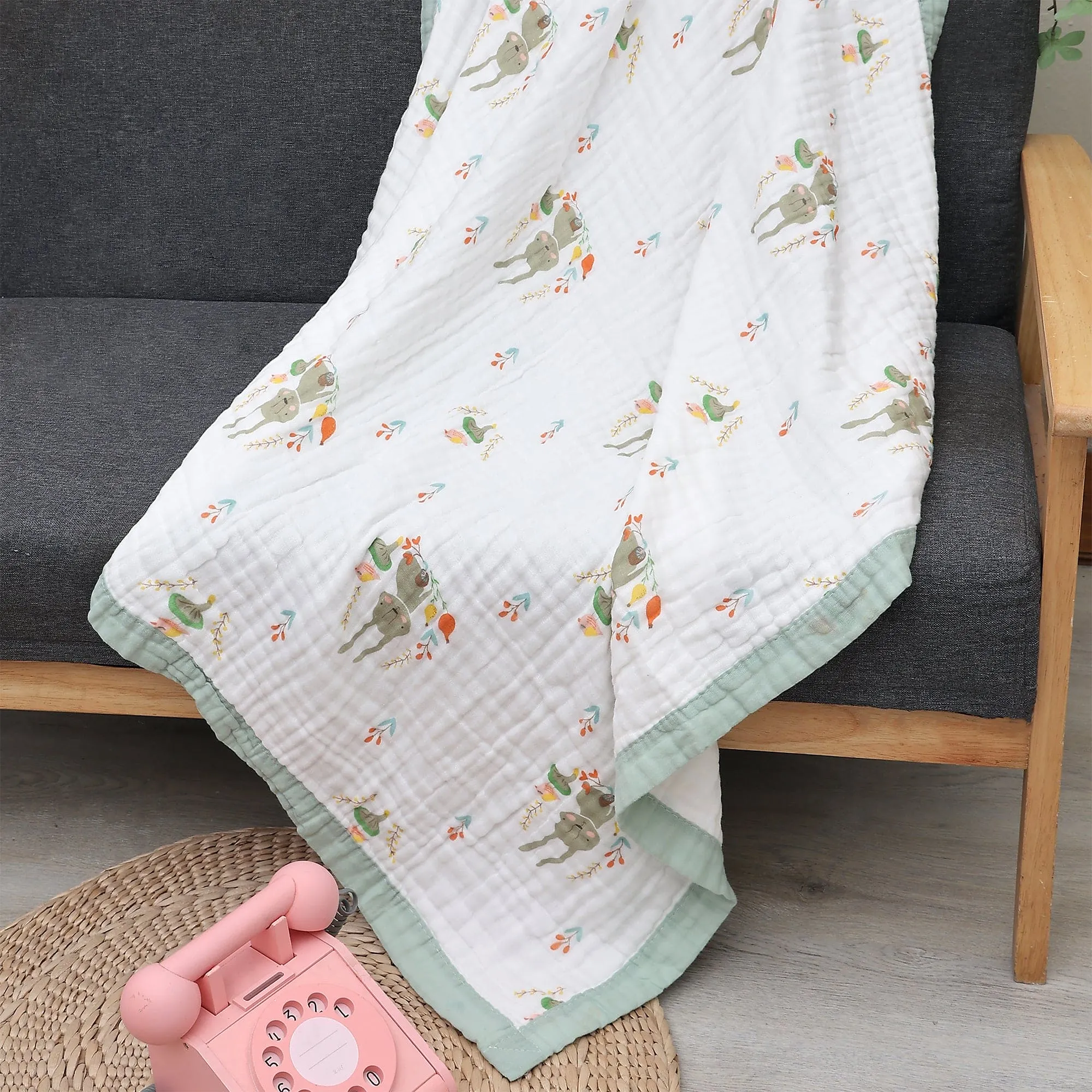 Baby Moo Bunny Tales 100% Muslin Cotton 6 Layer Breathable Blanket - Grey