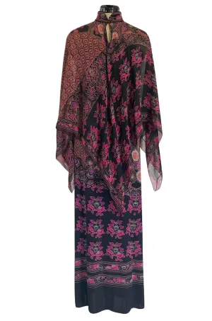 Beautiful 1970s Leonard Strapless Printed Silk Jersey Dress w Matching Silk Chiffon Cape