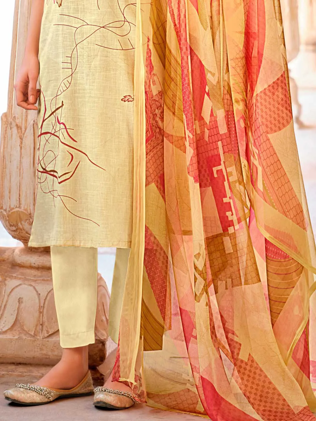 Belliza Cotton Linen Beige Unstitched Women Suit Set