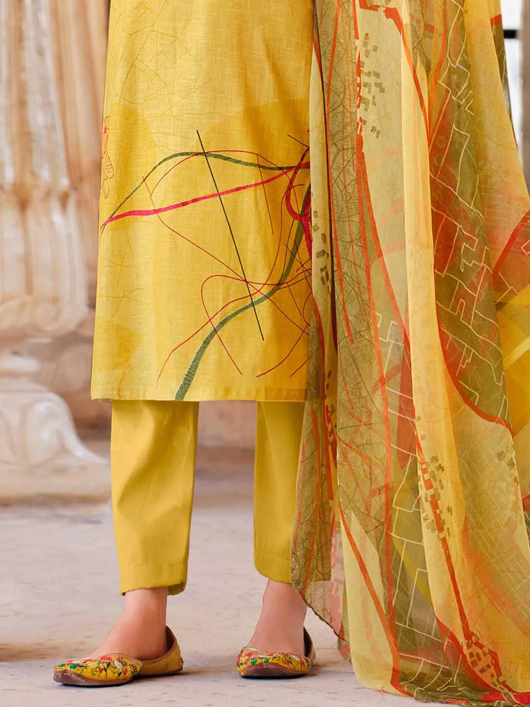 Belliza Cotton Linen Yellow Unstitched Women Suit Material