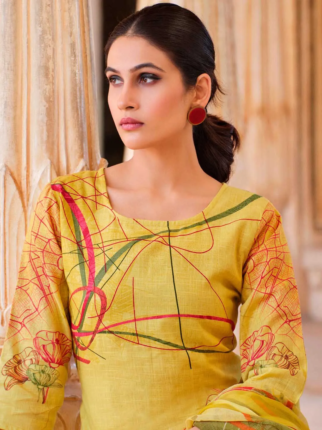 Belliza Cotton Linen Yellow Unstitched Women Suit Material