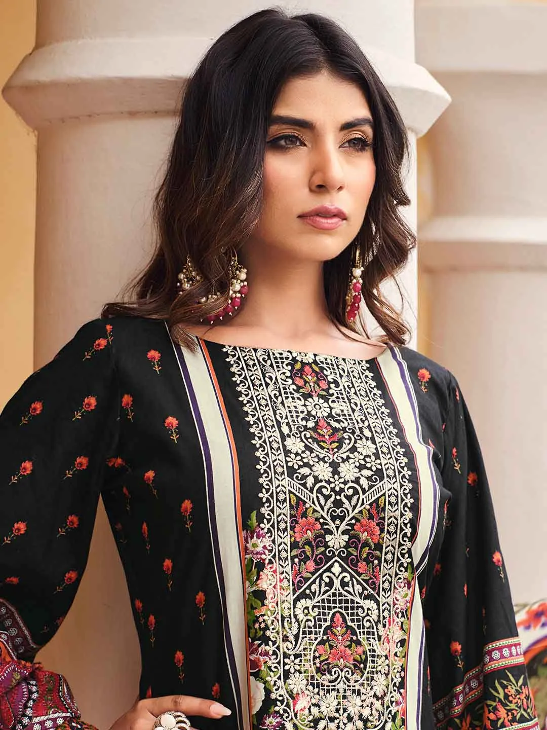 Belliza Pakistani Print Black Unstitched Women Cotton Suit Material
