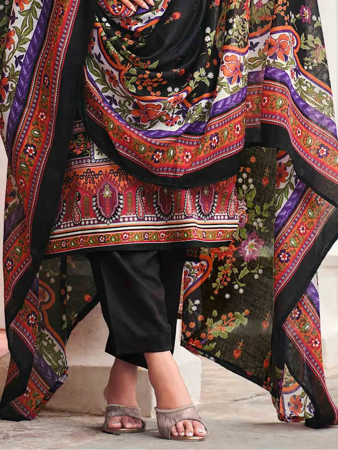 Belliza Pakistani Print Black Unstitched Women Cotton Suit Material