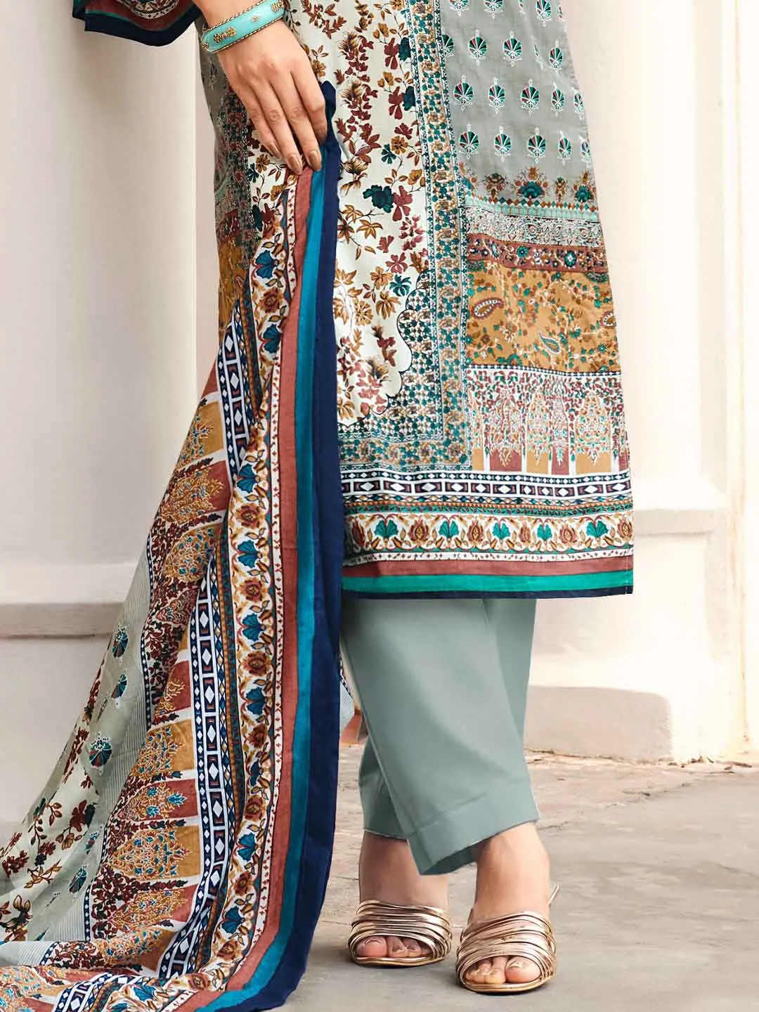 Belliza Pakistani Print Grey Unstitched Women Cotton Suit Material
