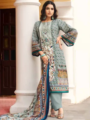 Belliza Pakistani Print Grey Unstitched Women Cotton Suit Material