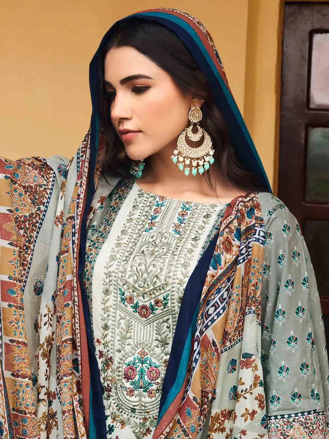 Belliza Pakistani Print Grey Unstitched Women Cotton Suit Material
