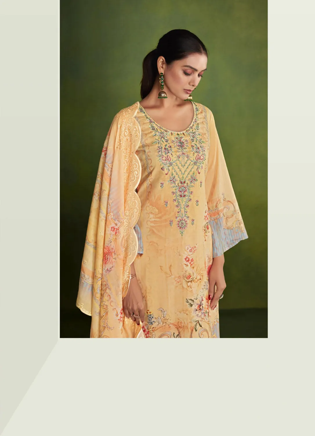 Belliza Yellow Cotton Pakistani Print Unstitched Women Suit Material