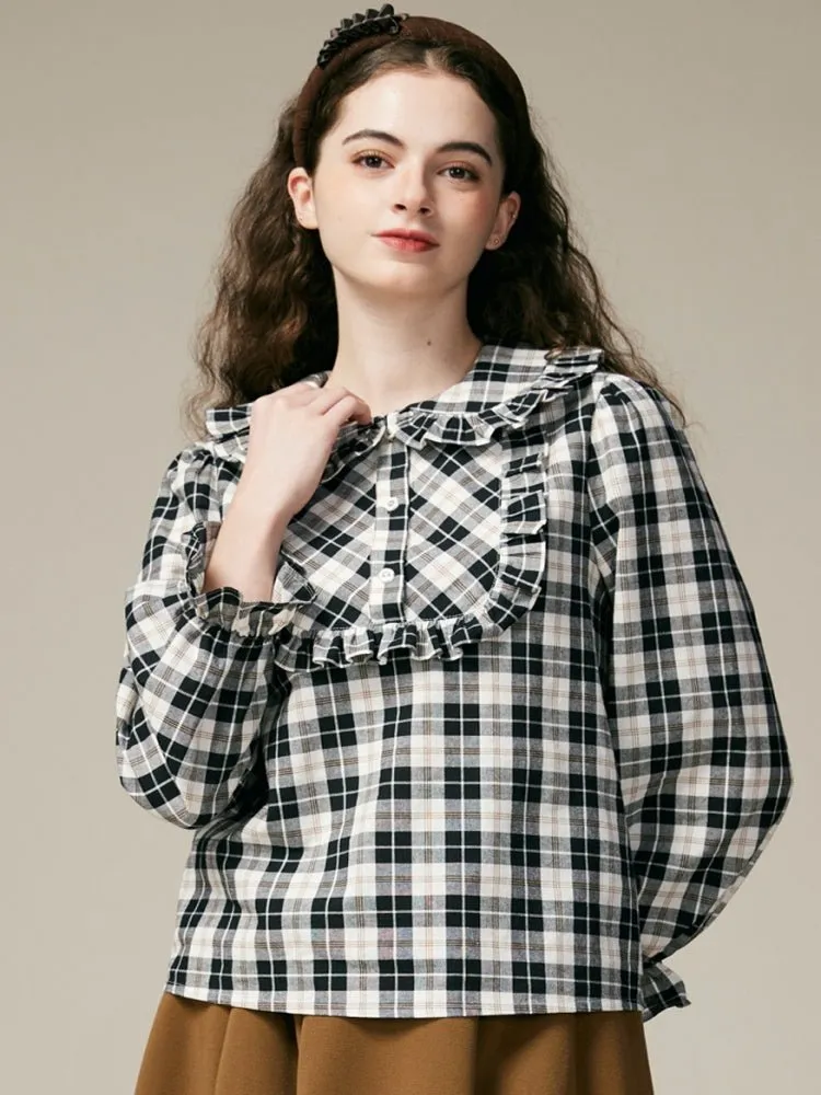 Black & White Check Ruffle Cotton Blouse【s0000000886】