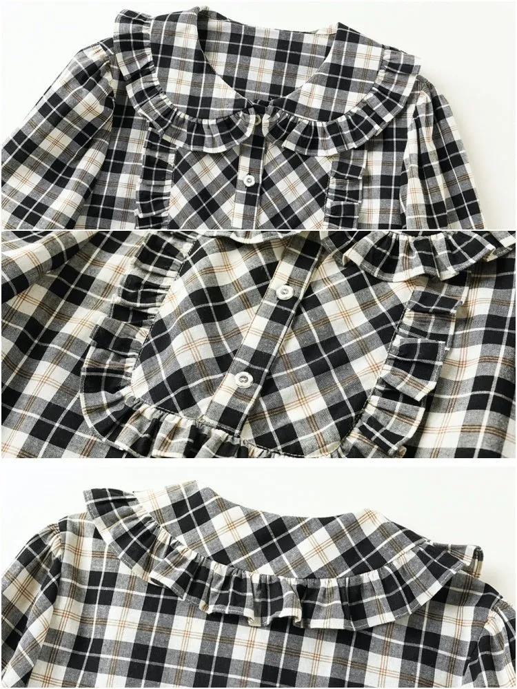 Black & White Check Ruffle Cotton Blouse【s0000000886】