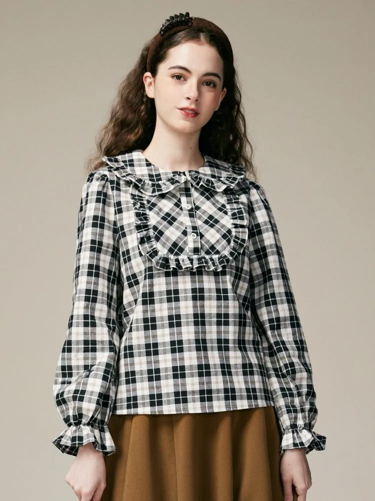 Black & White Check Ruffle Cotton Blouse【s0000000886】