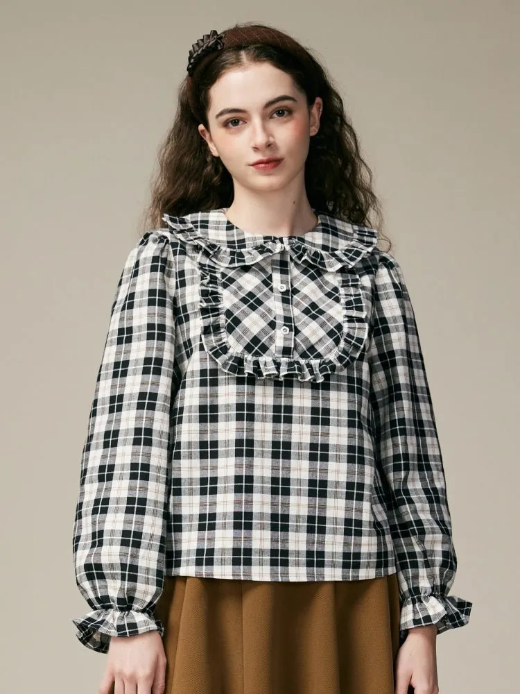 Black & White Check Ruffle Cotton Blouse【s0000000886】
