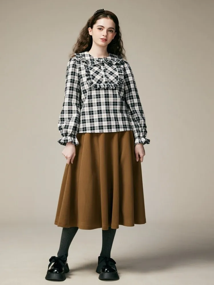 Black & White Check Ruffle Cotton Blouse【s0000000886】