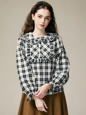 Black & White Check Ruffle Cotton Blouse【s0000000886】