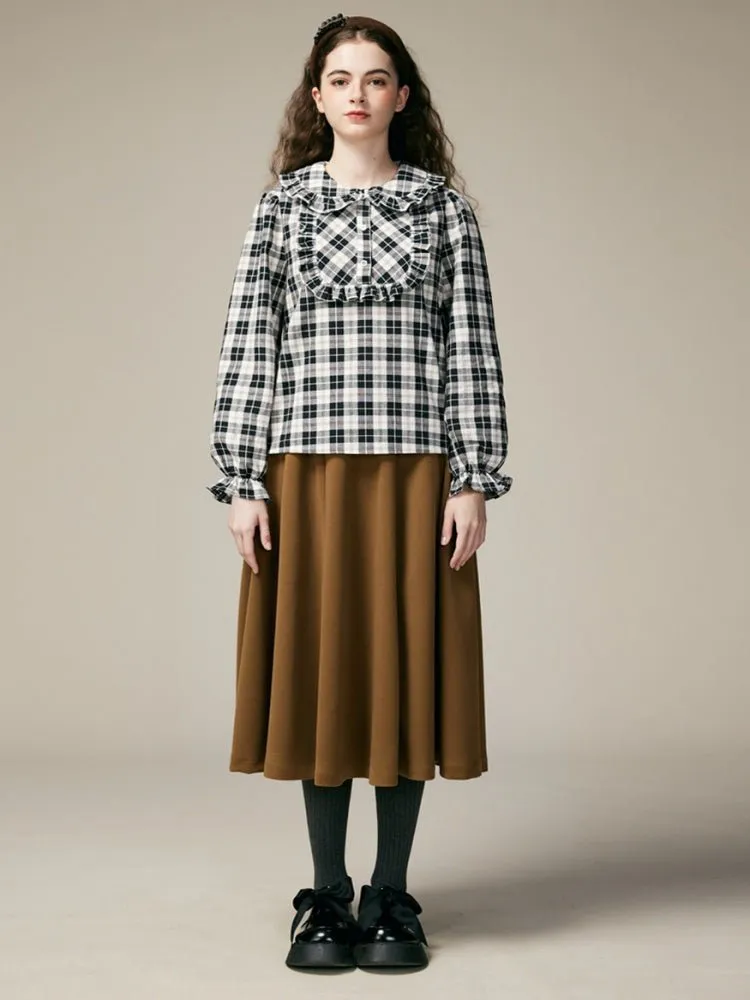 Black & White Check Ruffle Cotton Blouse【s0000000886】
